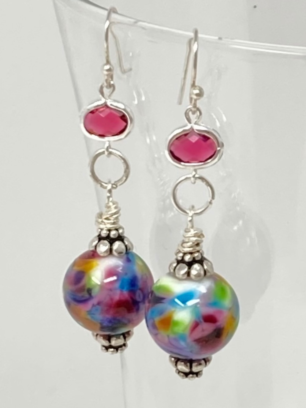 Rainbow Lampwork & Pink Dangle Earrings